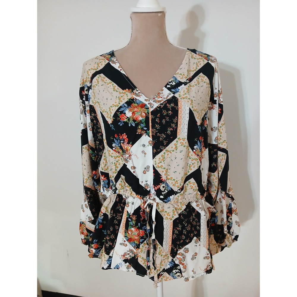 Andree by Unit 2x Floral Patchwork Drawstring Waist Blouse 2X Boho Top Womans